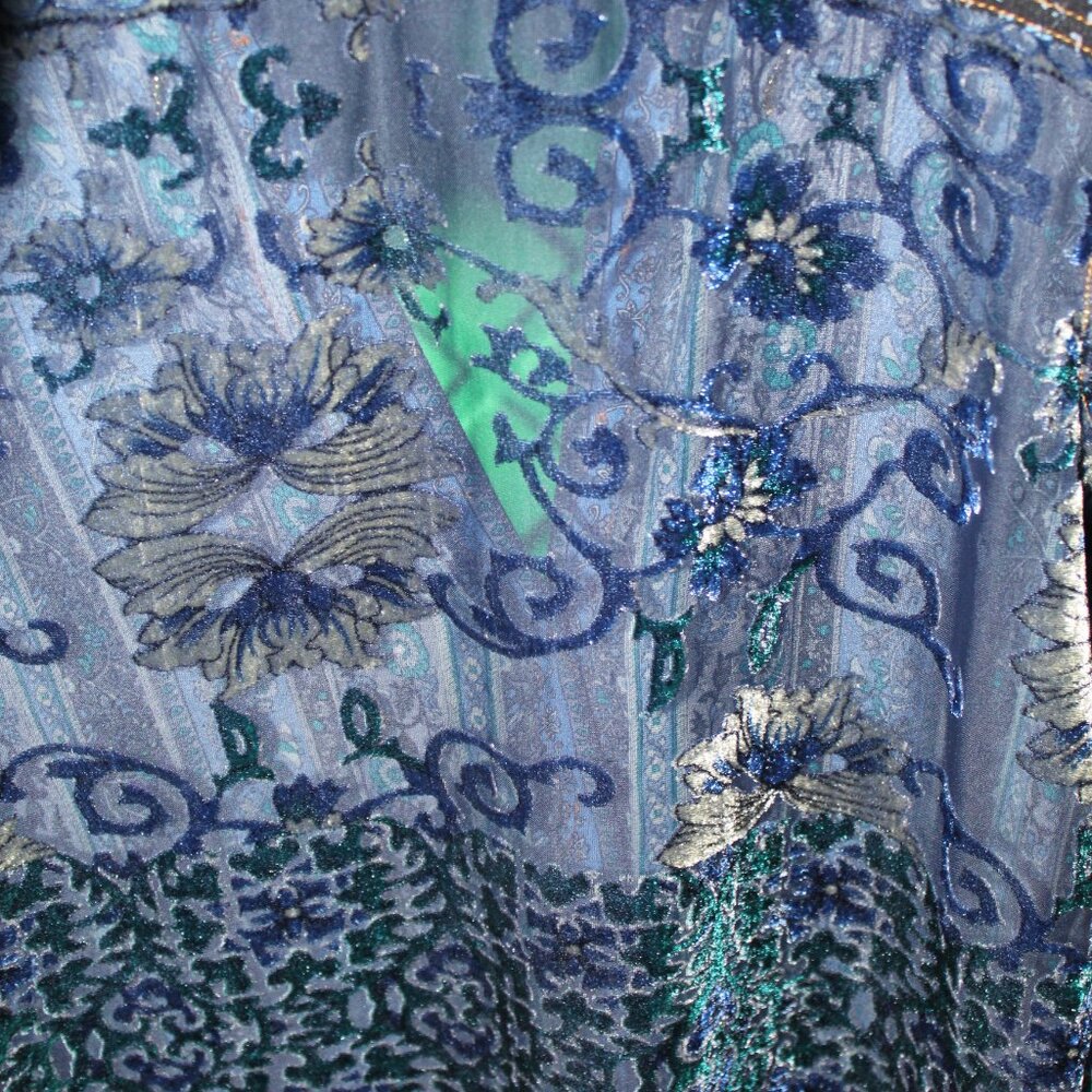 MUST OPEN TO SEE! Aratta Silent Journey Wm Sz S Blue Green Floral Striped Blouse - Picture 3 of 6